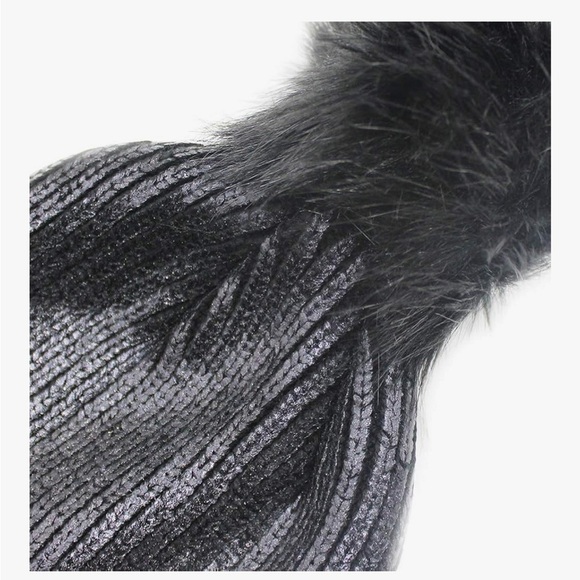 Women Girls Metallic Knit Beanie Pom Pom Winter Hat Soft Warm Skull Cap main image 5